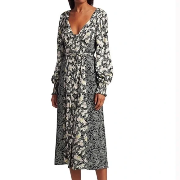 ❤️ CINQ A SEPT WOMENS MIXED PRINT DOUBLE V MIDI DRESS NWOT - Picture 2 of 13